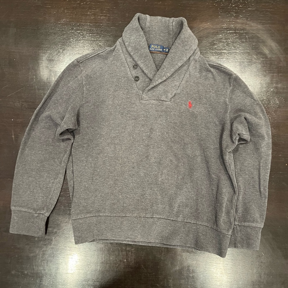 Polo by Ralph Lauren Shawl Cowl Neck Men’s M Heather Gray Elbow Patch Pullover